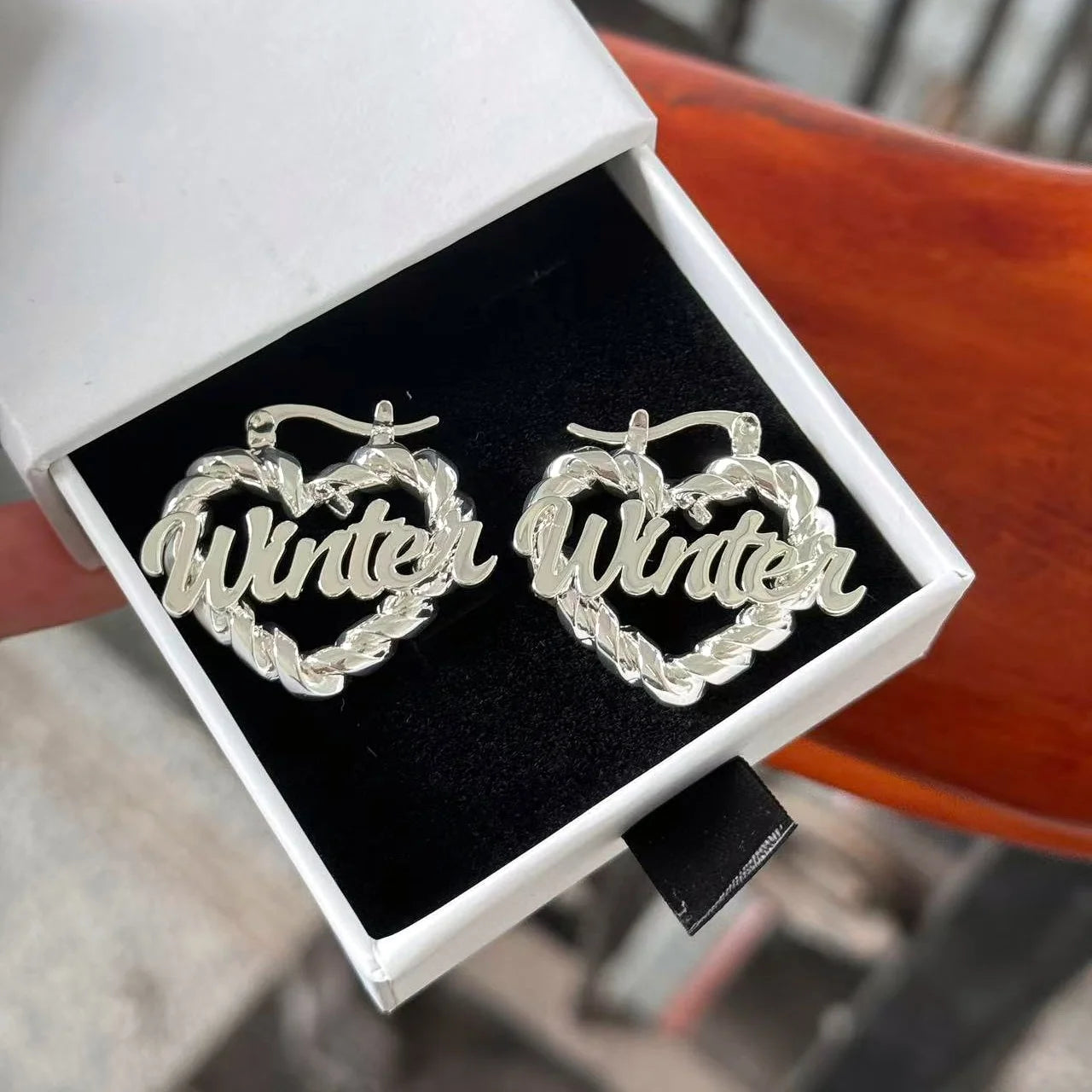 Custom Name Twist Hoop Earrings Heart Personalised Nameplate Stainless Steel Jewelry