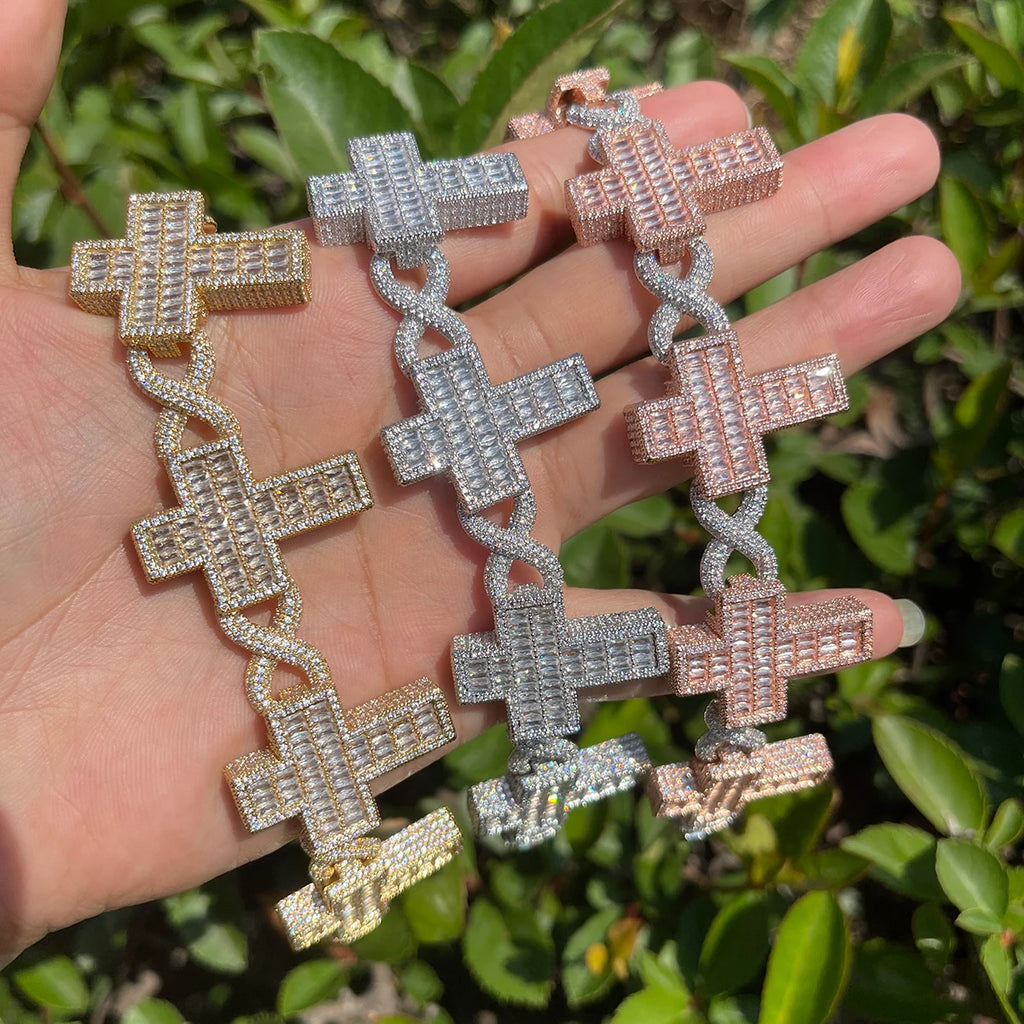 Glacèelaine Infinity Link Bracelet Baguette Cross Real Gold Plated