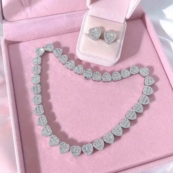 Iced Out Bling Fashion Women Jewelry Micro Pave Round Rectangle Cubic Zirconia 5A CZ Heart Cluster Choker Necklace