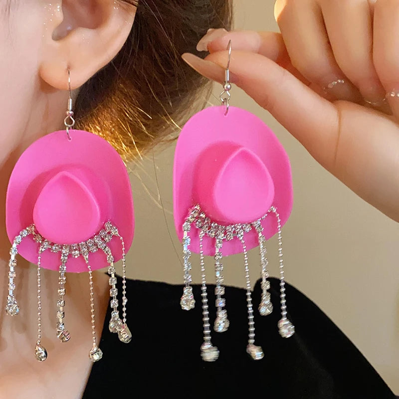 Creative Cowboy Hat Drop Dangle Earrings For Women Girls Shiny Rhinestone Tassel Earrrings Funny Western Cowgirl Ear Jewelry