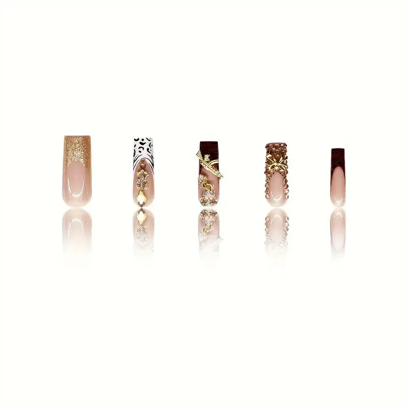 24 pieces of long square armor gold French white leopard print tip nails