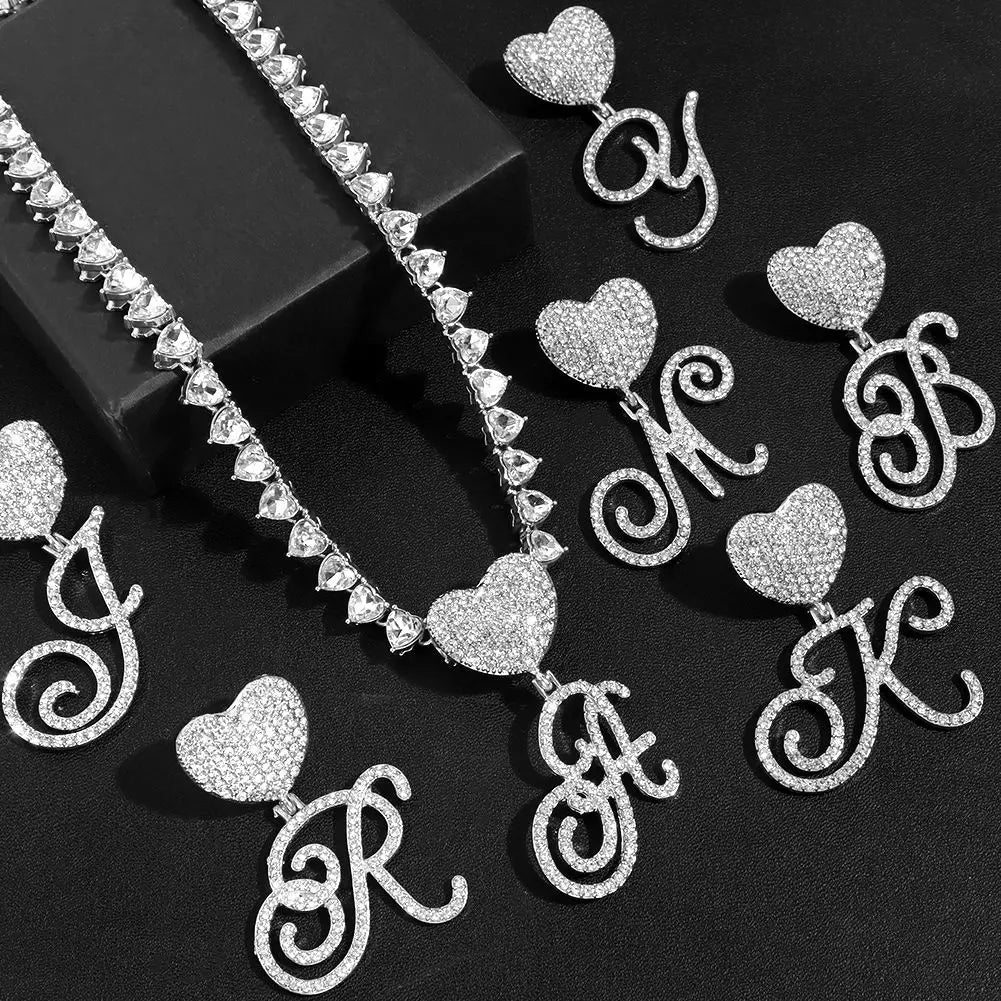 Iced Out Heart Cursive Letters Pendant Necklace