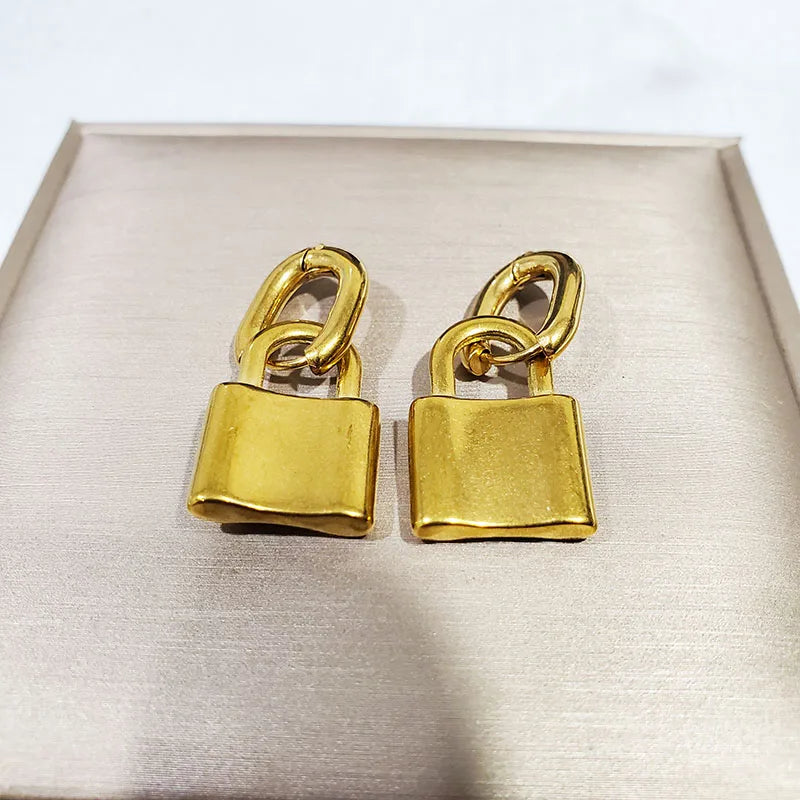316L Stainless Steel Lock Pendant NK Chain Golden 7mm Thick Bracelet Necklace Earrings Women's Jewelry Set