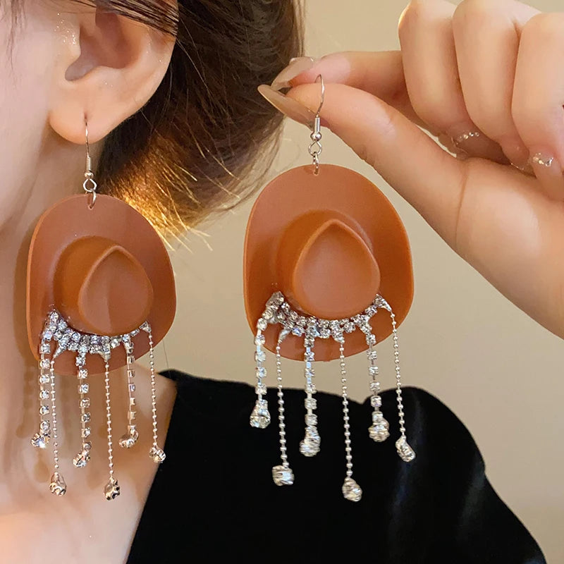 Creative Cowboy Hat Drop Dangle Earrings For Women Girls Shiny Rhinestone Tassel Earrrings Funny Western Cowgirl Ear Jewelry