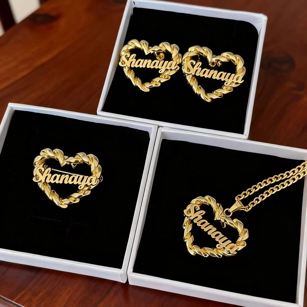 2026 Custom Name Jewelry Set Heart Shaped Watch Strap Chain Custom Name Necklace/Earring/Brooch Set Personalized gift