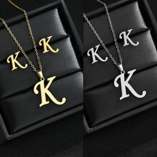 Stainless Steel Alphabet Initial Necklace 26 English Letter Earrings Necklace For Women Set Personalize Jewelry