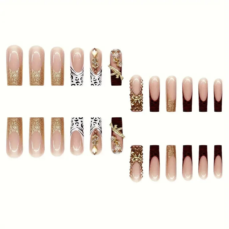 24 pieces of long square armor gold French white leopard print tip nails