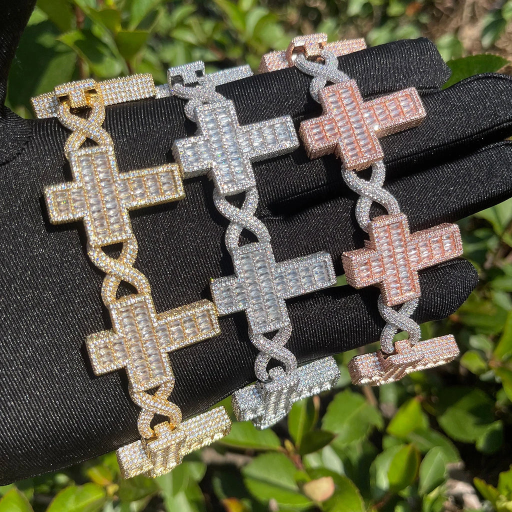 Glacèelaine Infinity Link Bracelet Baguette Cross Real Gold Plated
