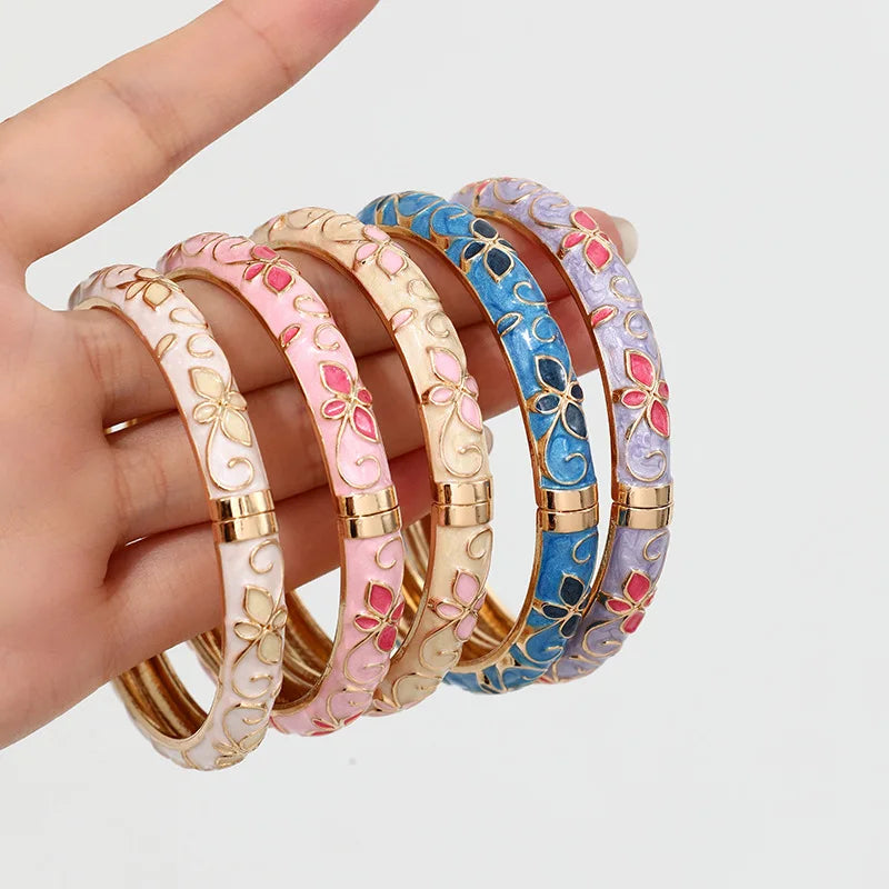 New Enamel Floral Bangle Bracelets Women's Colorful Dripping Oil Open Design Vintage Style Bracelets Daily Wear Jewelry Gifting