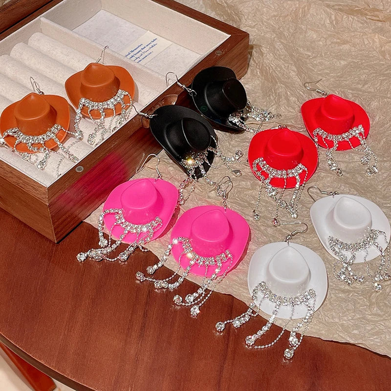 Creative Cowboy Hat Drop Dangle Earrings For Women Girls Shiny Rhinestone Tassel Earrrings Funny Western Cowgirl Ear Jewelry