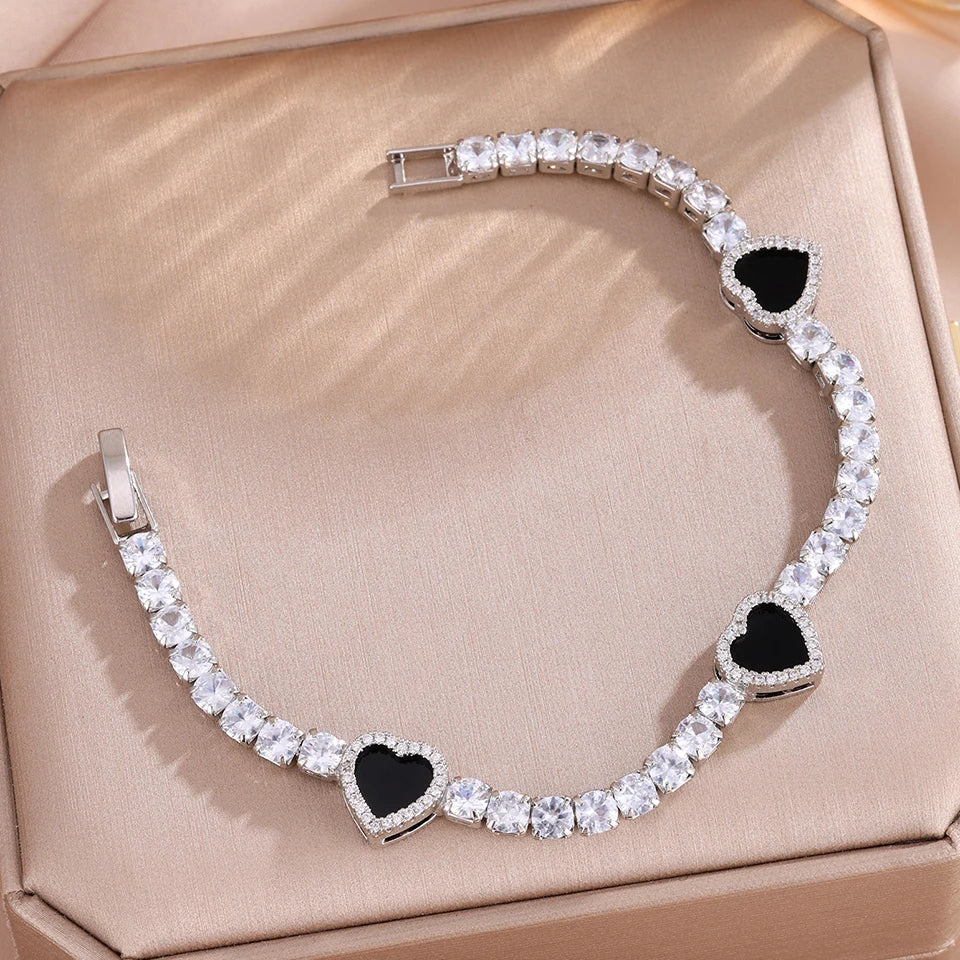 3/1pcs Black Heart Round CZ Tennis Bracelets Set for Women Men Shiny Stackable Jewelry