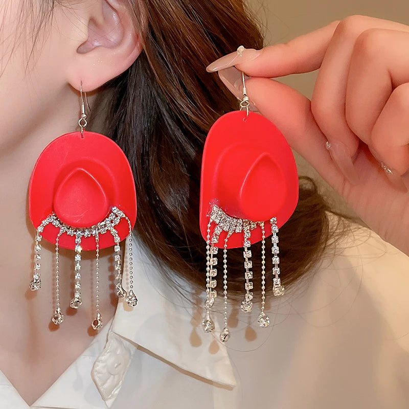Creative Cowboy Hat Drop Dangle Earrings For Women Girls Shiny Rhinestone Tassel Earrrings Funny Western Cowgirl Ear Jewelry