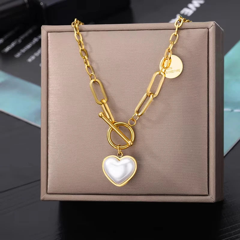 Punk Gold Color Heart Pendant Necklace for Women Stainless Steel OT Buckle Beaded Neck Chain Choker Y2k Jewelry Accessories