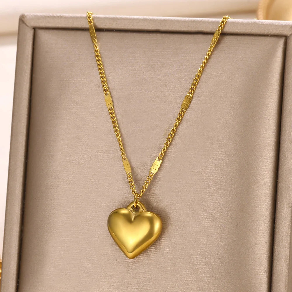 Punk Gold Color Heart Pendant Necklace for Women Stainless Steel OT Buckle Beaded Neck Chain Choker Y2k Jewelry Accessories