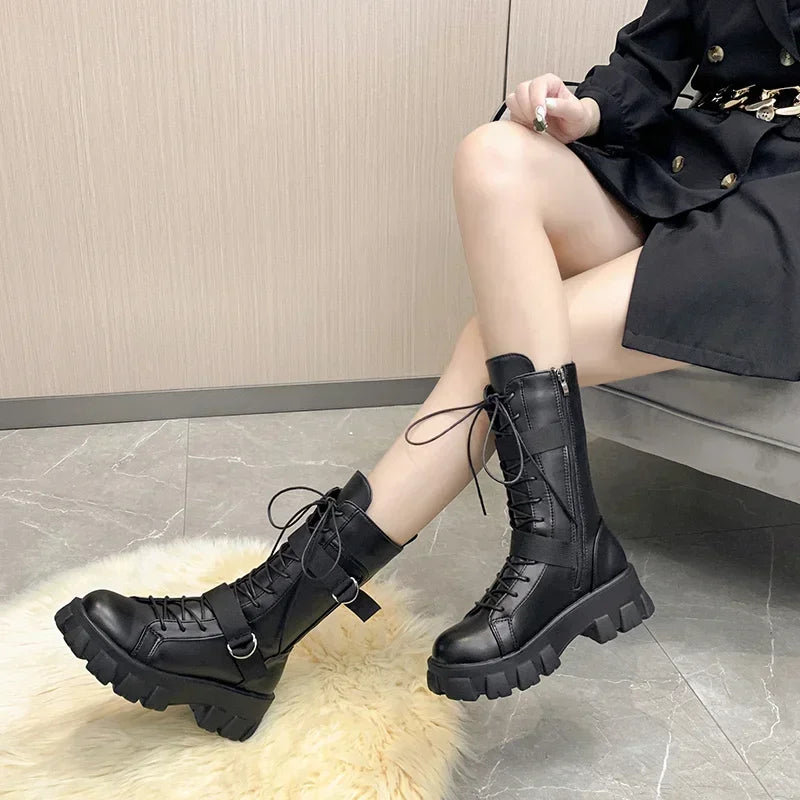 Spring Motorcycle Boots Women's Cosplay High Boots Long Tube Leather Knight Boot Punk Gothic Classic Black High Heel Shoes