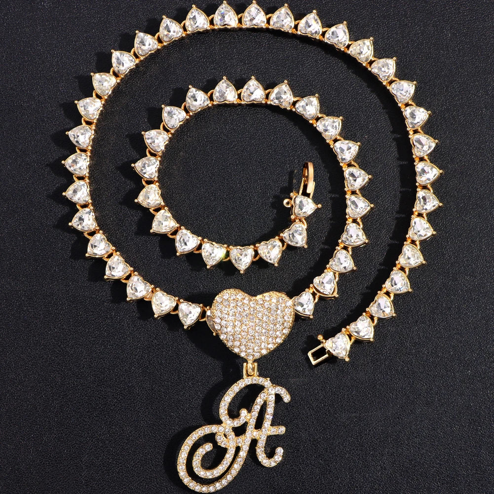 Iced Out Heart Cursive Letters Pendant Necklace