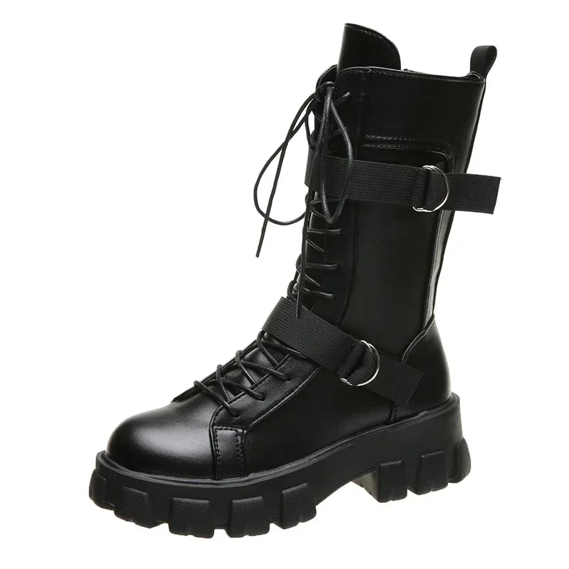 Spring Motorcycle Boots Women's Cosplay High Boots Long Tube Leather Knight Boot Punk Gothic Classic Black High Heel Shoes