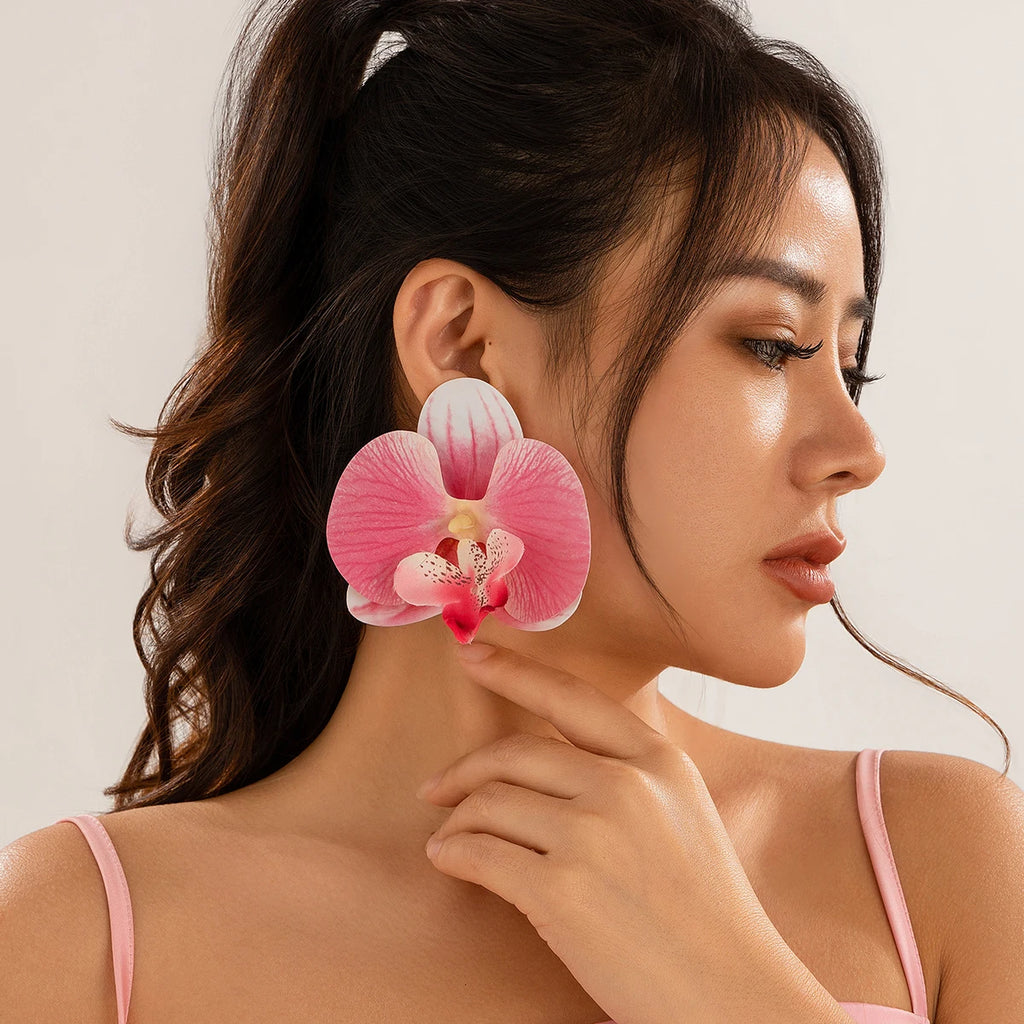 Salircon Exaggerated Big Flower Earrings for Women Trend Pink Butterfly Orchid Drop Earrings Ladies Party Dinner Jewelry