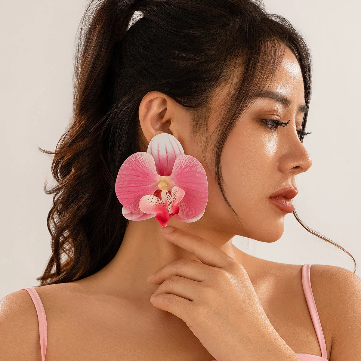 Salircon Exaggerated Big Flower Earrings for Women Trend Pink Butterfly Orchid Drop Earrings Ladies Party Dinner Jewelry