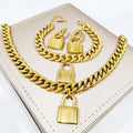316L Stainless Steel Lock Pendant NK Chain Golden 7mm Thick Bracelet Necklace Earrings Women's Jewelry Set