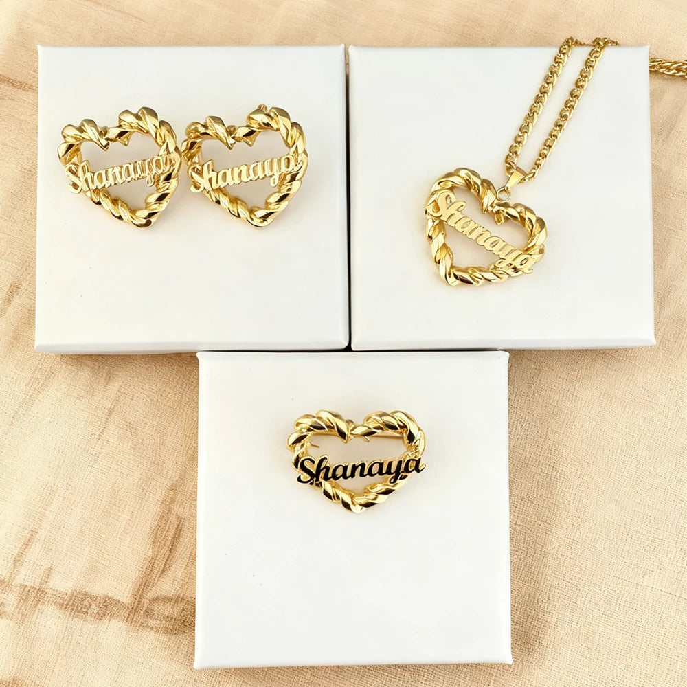 2026 Custom Name Jewelry Set Heart Shaped Watch Strap Chain Custom Name Necklace/Earring/Brooch Set Personalized gift