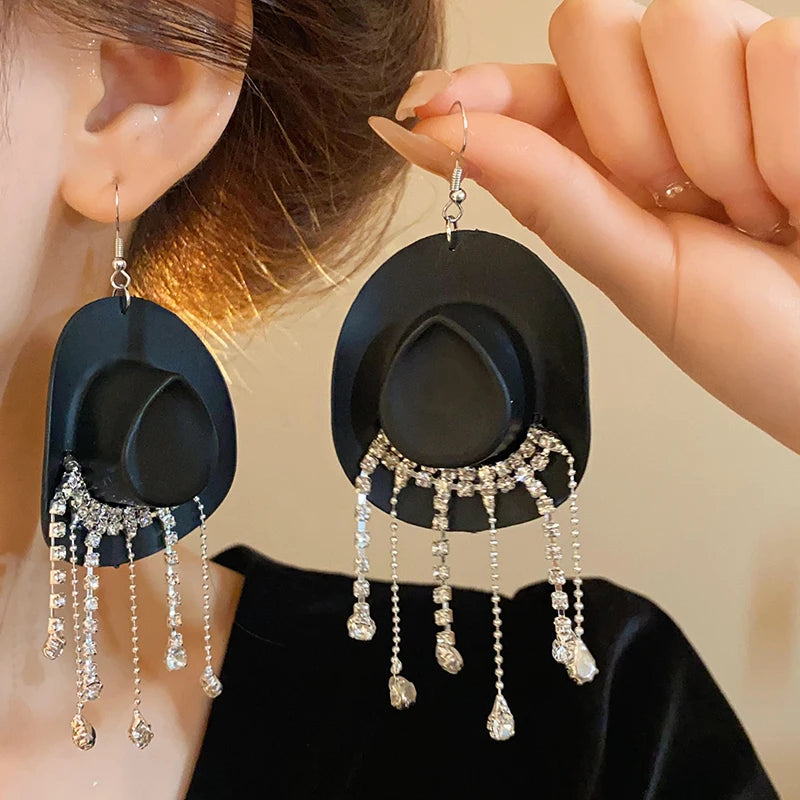 Creative Cowboy Hat Drop Dangle Earrings For Women Girls Shiny Rhinestone Tassel Earrrings Funny Western Cowgirl Ear Jewelry