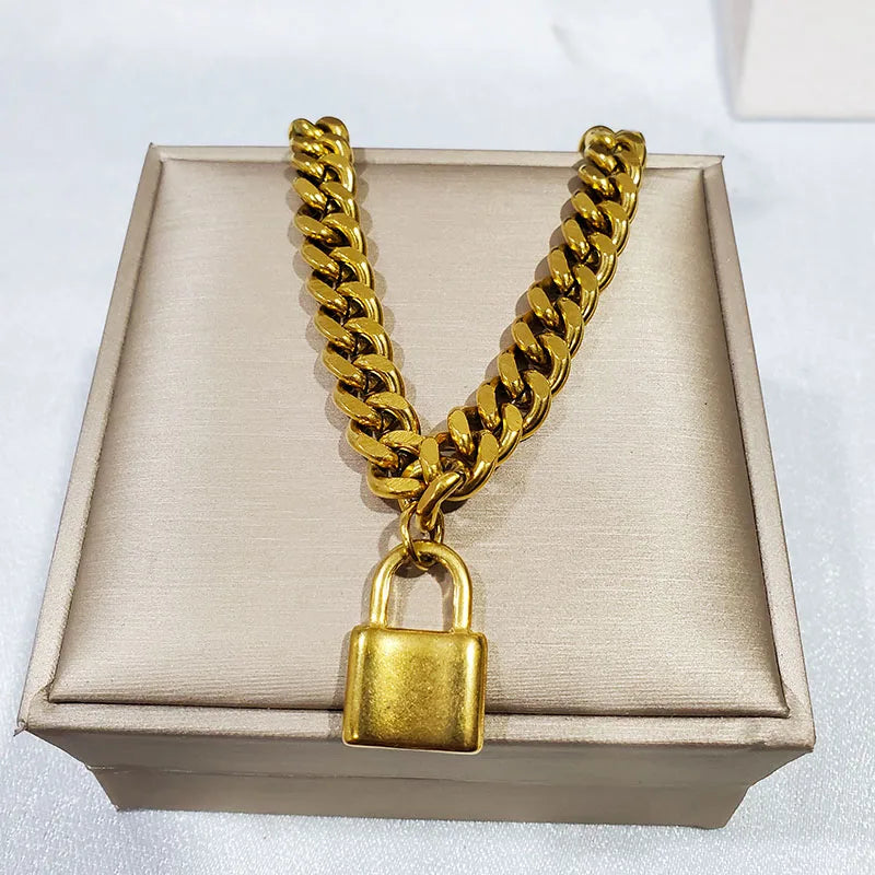 316L Stainless Steel Lock Pendant NK Chain Golden 7mm Thick Bracelet Necklace Earrings Women's Jewelry Set