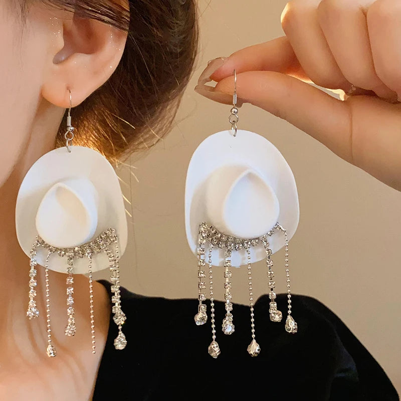 Creative Cowboy Hat Drop Dangle Earrings For Women Girls Shiny Rhinestone Tassel Earrrings Funny Western Cowgirl Ear Jewelry
