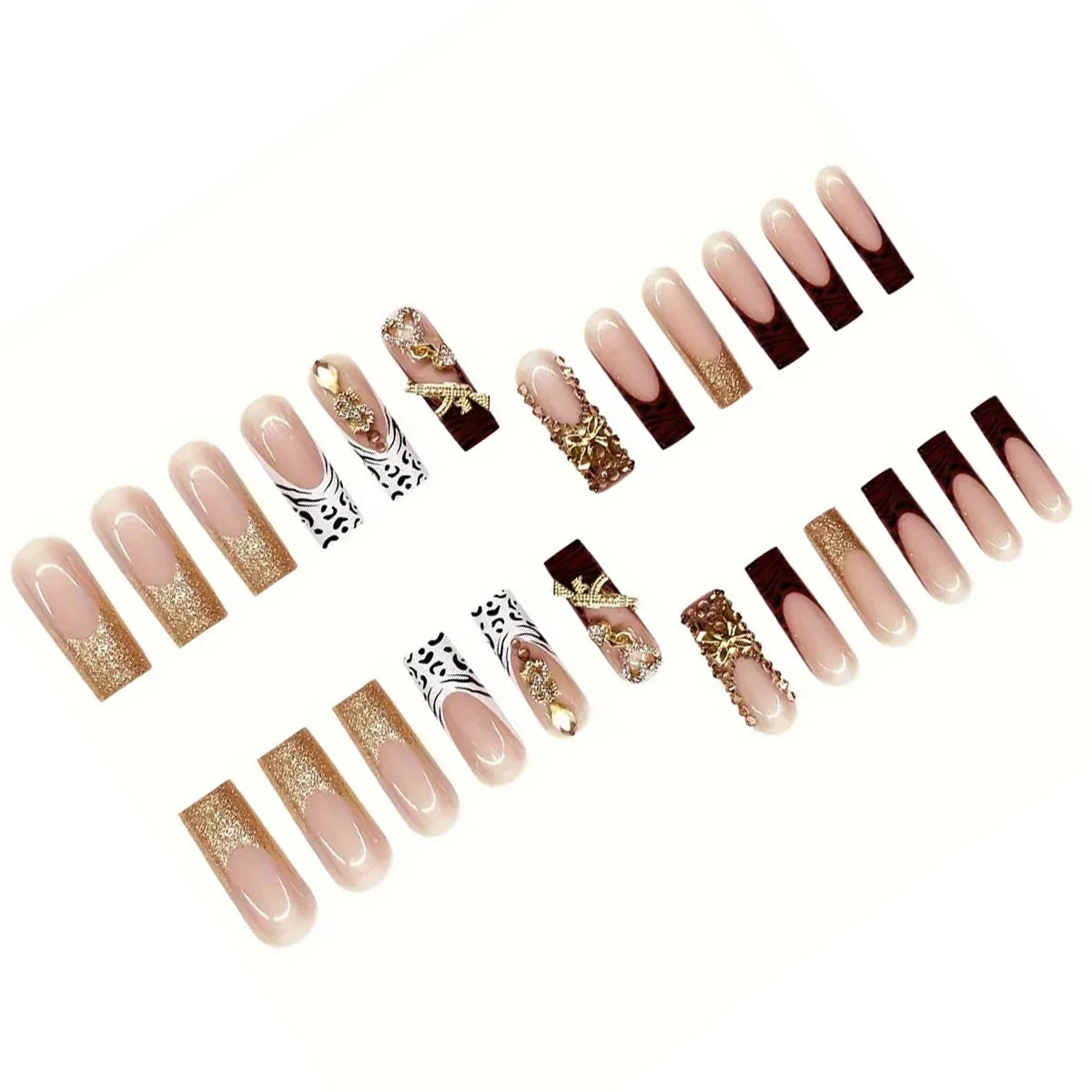24 pieces of long square armor gold French white leopard print tip nails