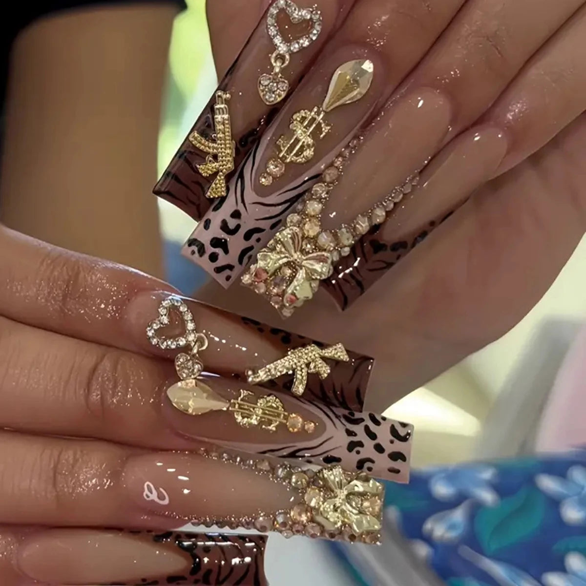 24 pieces of long square armor gold French white leopard print tip nails