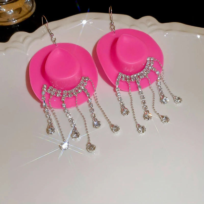 Creative Cowboy Hat Drop Dangle Earrings For Women Girls Shiny Rhinestone Tassel Earrrings Funny Western Cowgirl Ear Jewelry