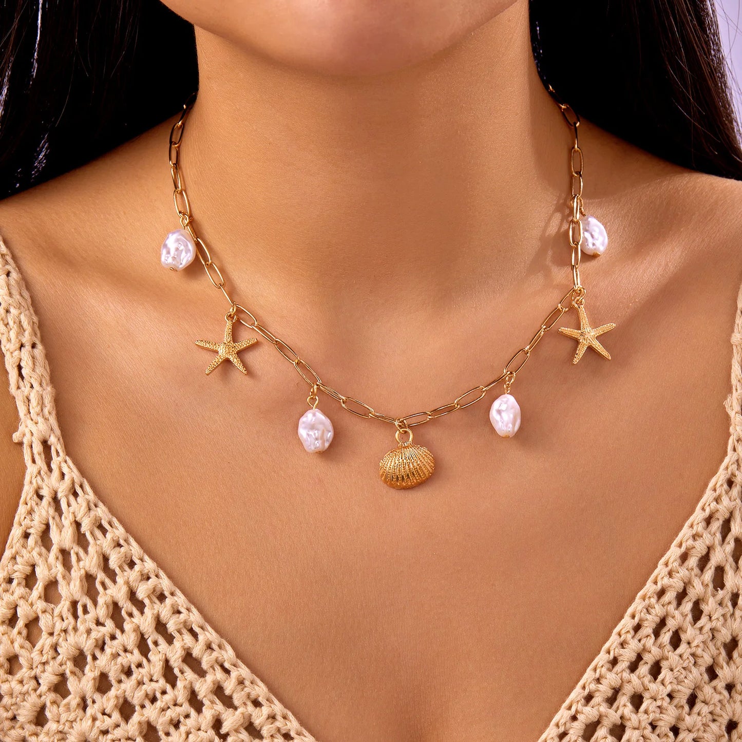 Bohemian Starfish Shell Conch Pendant Necklace for Women Imitation Pearl Charm Chain Necklace Beach Vacation Party Jewelry Gift
