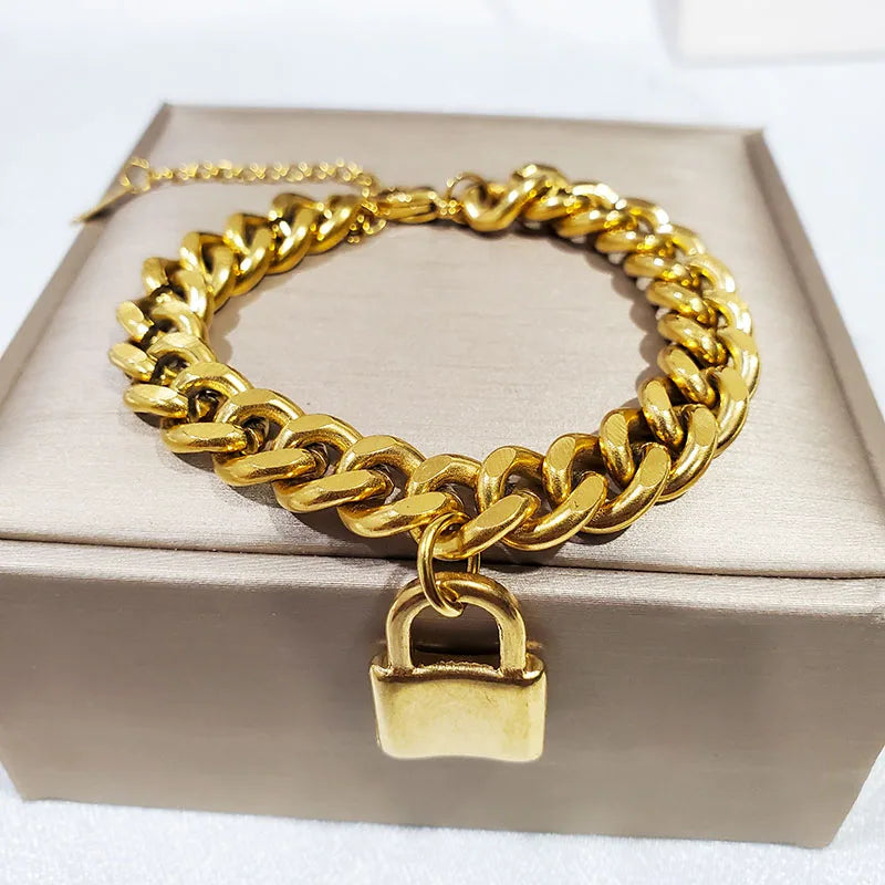 316L Stainless Steel Lock Pendant NK Chain Golden 7mm Thick Bracelet Necklace Earrings Women's Jewelry Set