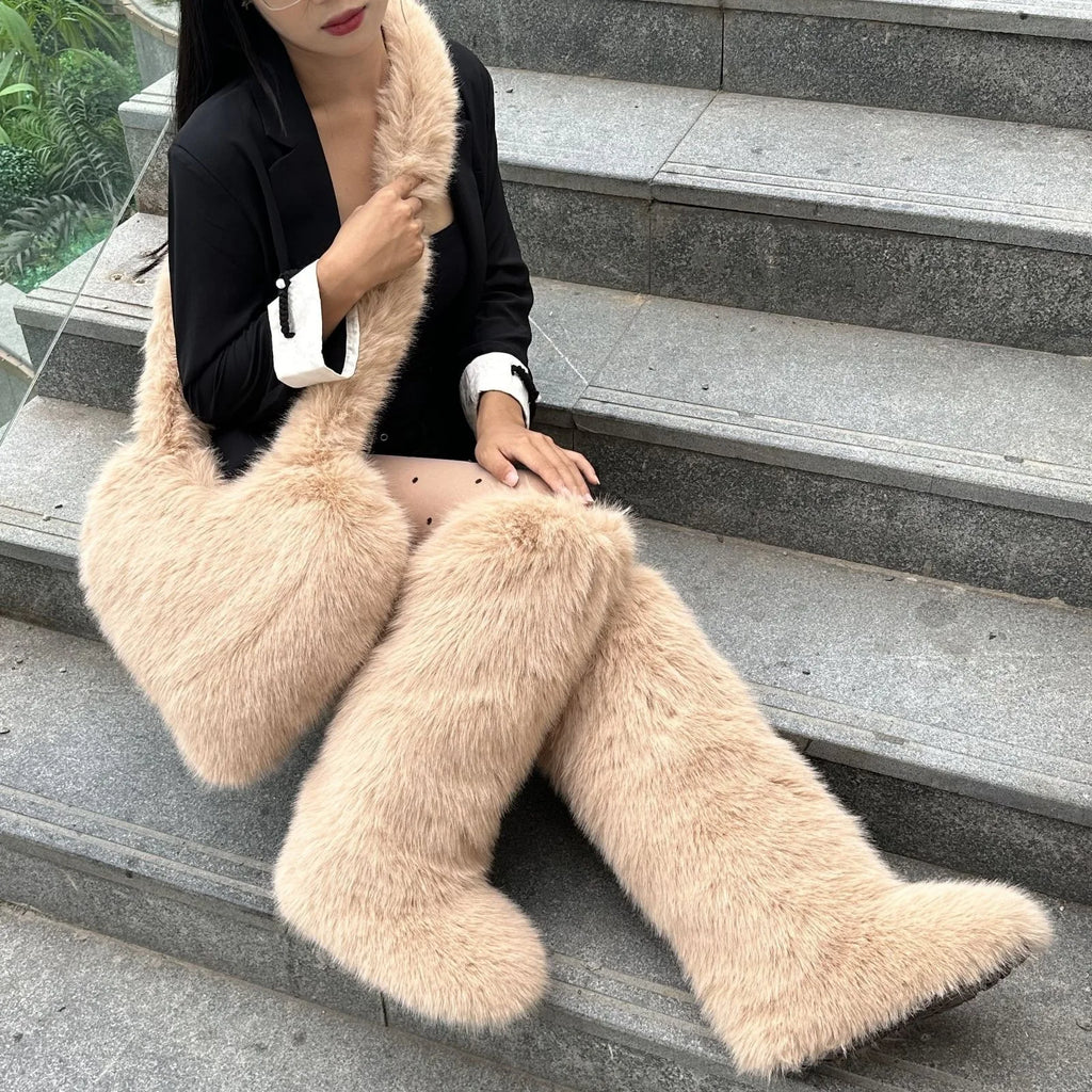 2025 Autumn Winter New Heart Shaped Tote Bag & Over Knee Faux Fur Snow Boots Set