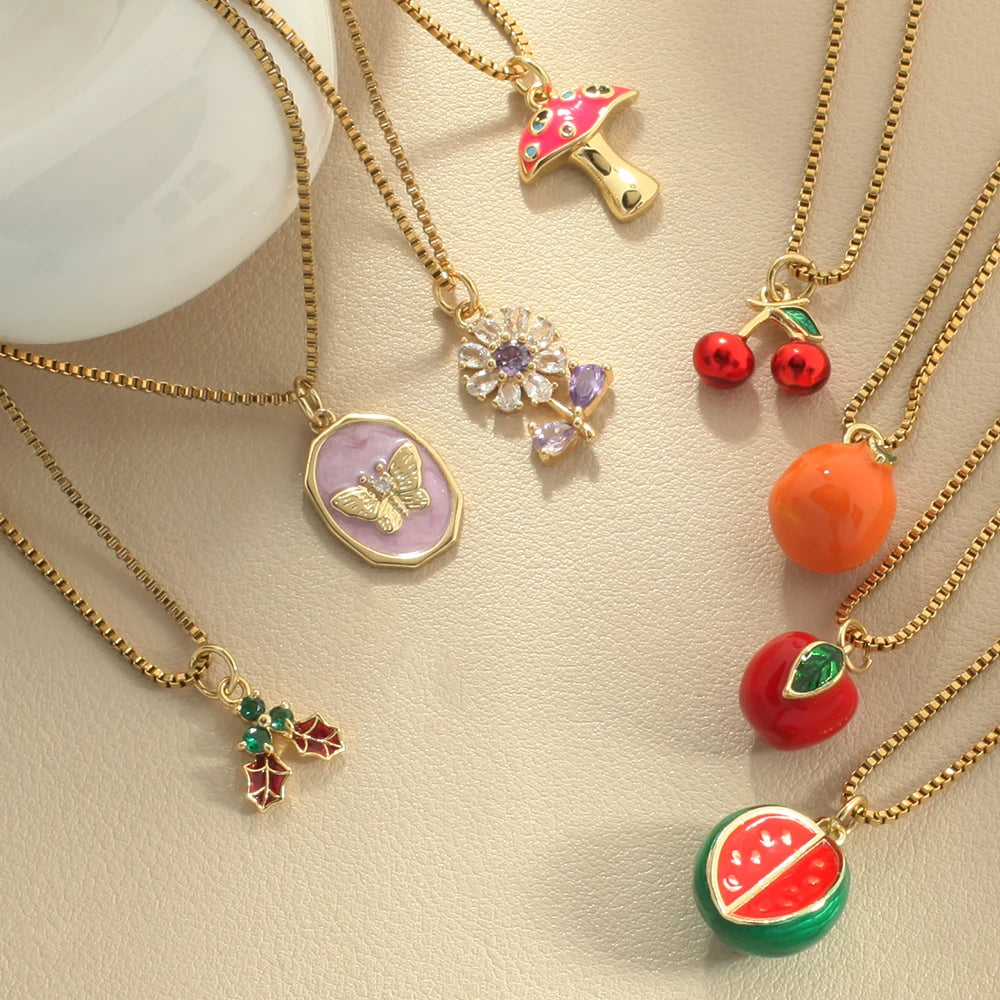Bohemian Necklace For Women Enamel Fruit Gold Color Cherry Butterfly Pendant For Summer Beach High Quality Jewelry