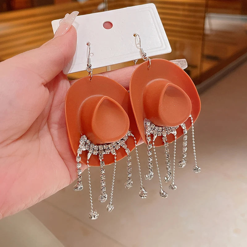 Creative Cowboy Hat Drop Dangle Earrings For Women Girls Shiny Rhinestone Tassel Earrrings Funny Western Cowgirl Ear Jewelry