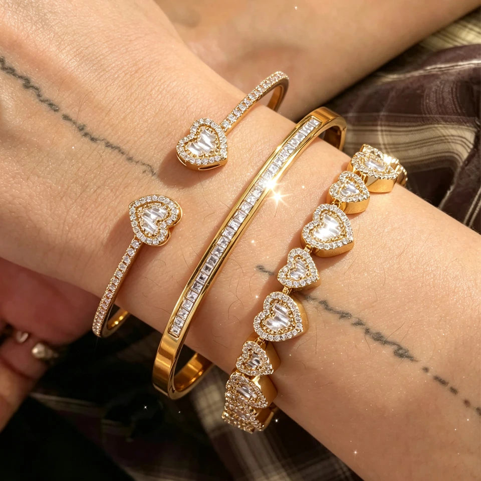 3/1pc Shiny Heart-shaped Zirconia Stackable Bracelet for Women Exquisite Wedding Party Jewelry Gifts