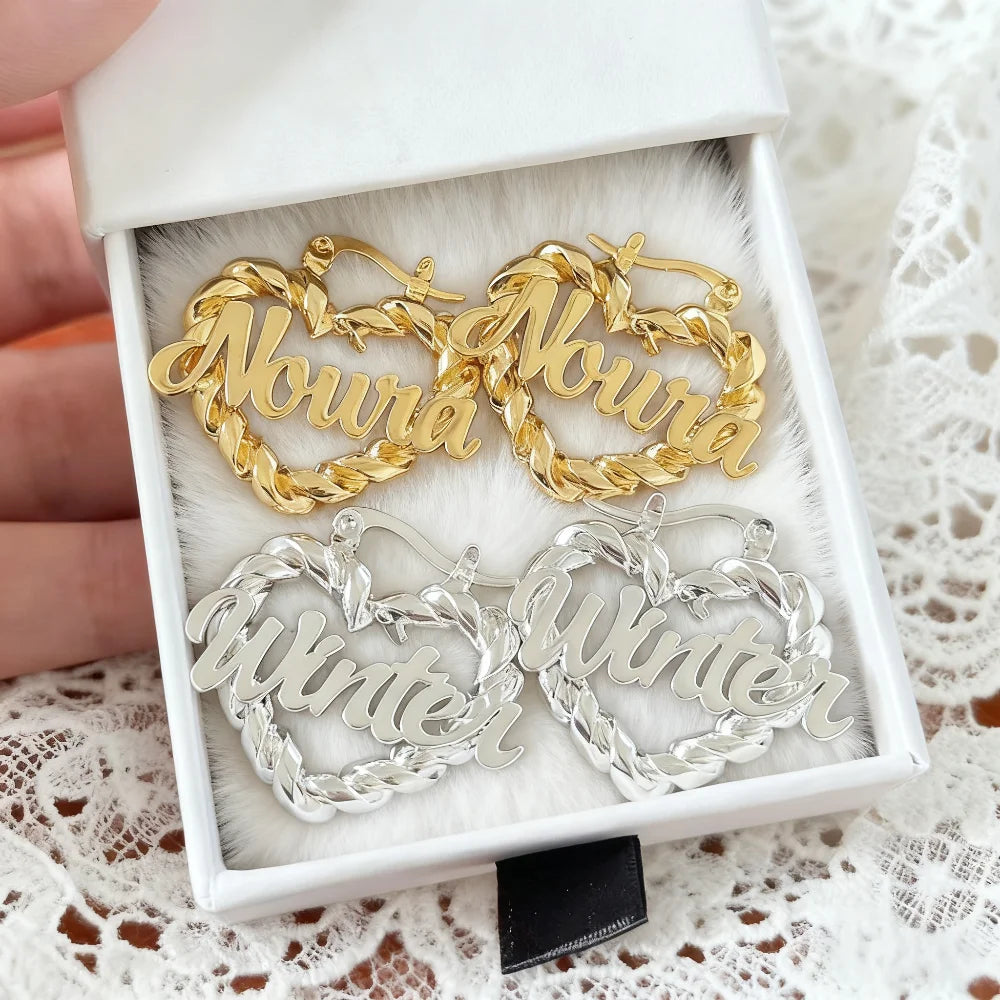 Custom Name Twist Hoop Earrings Heart Personalised Nameplate Stainless Steel Jewelry