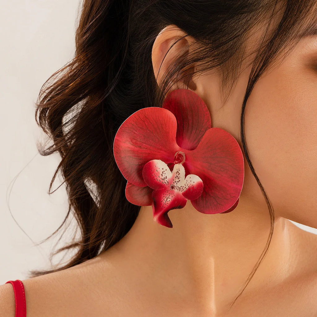 Salircon Exaggerated Big Flower Earrings for Women Trend Pink Butterfly Orchid Drop Earrings Ladies Party Dinner Jewelry