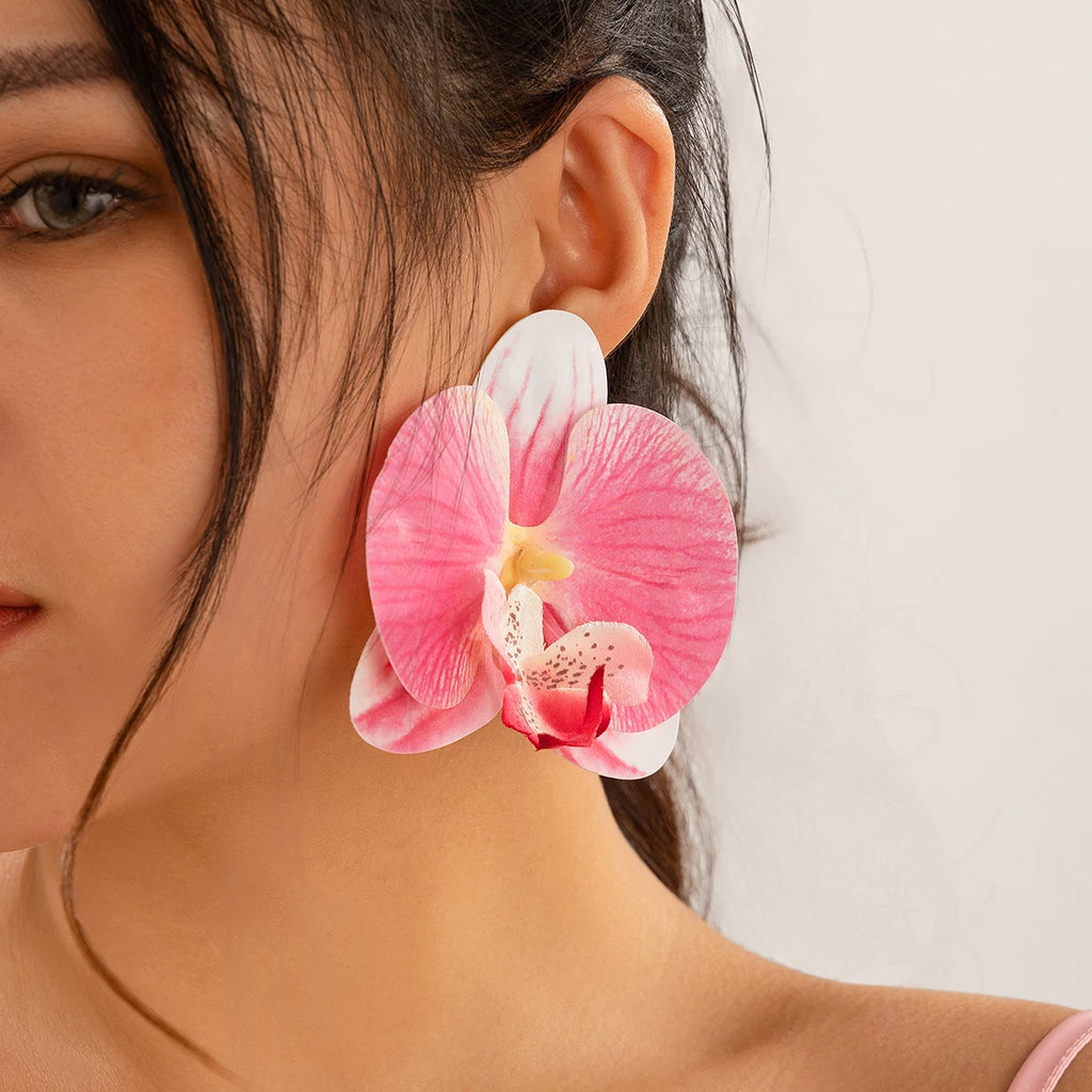 Salircon Exaggerated Big Flower Earrings for Women Trend Pink Butterfly Orchid Drop Earrings Ladies Party Dinner Jewelry