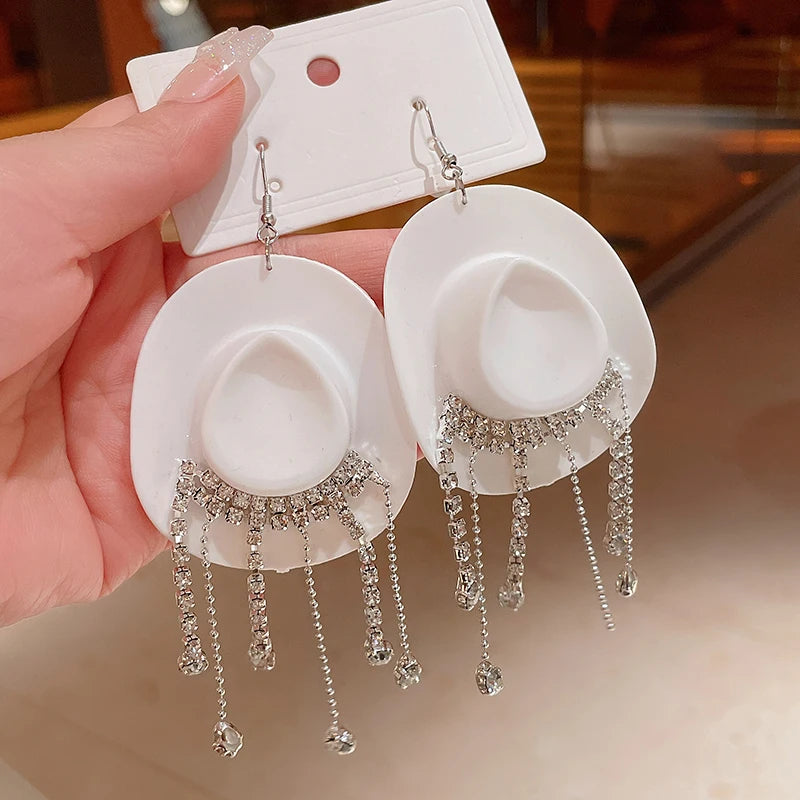Creative Cowboy Hat Drop Dangle Earrings For Women Girls Shiny Rhinestone Tassel Earrrings Funny Western Cowgirl Ear Jewelry