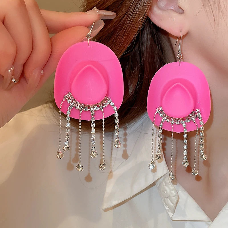 Creative Cowboy Hat Drop Dangle Earrings For Women Girls Shiny Rhinestone Tassel Earrrings Funny Western Cowgirl Ear Jewelry
