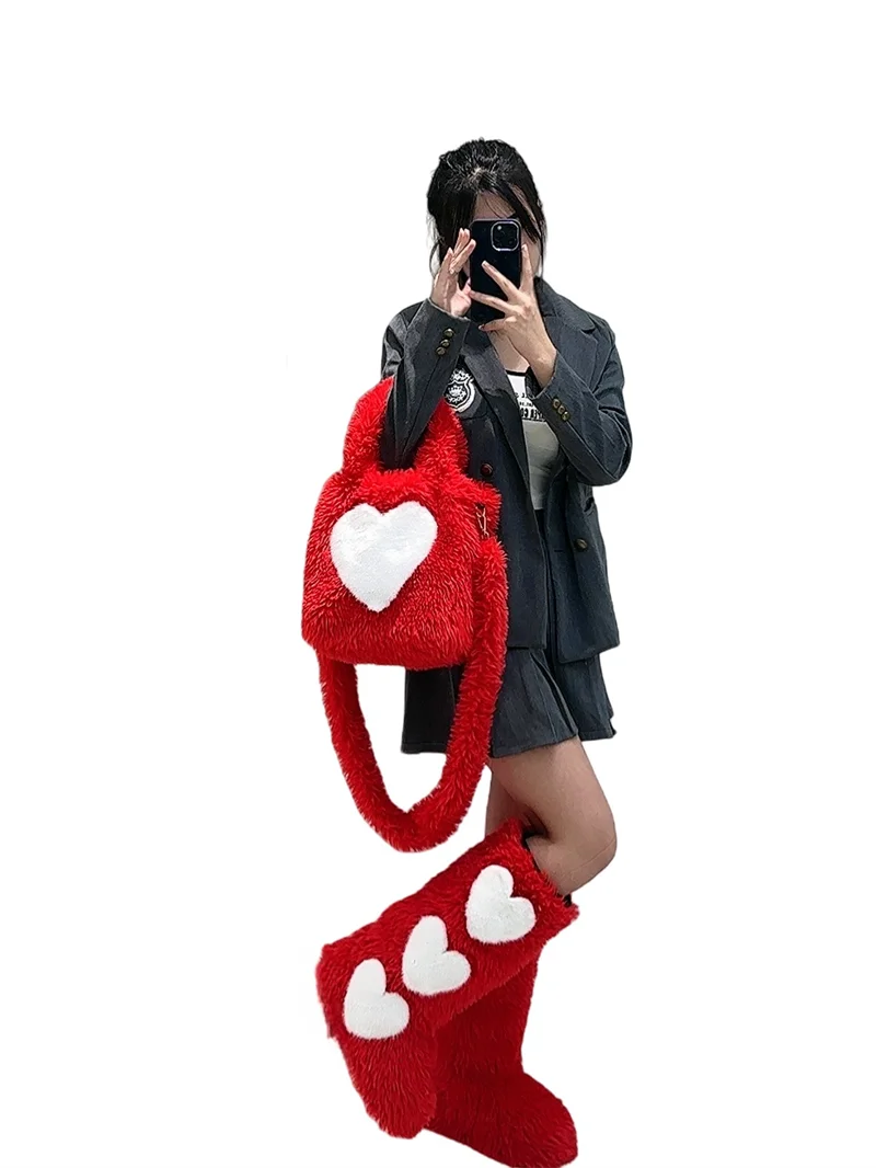 Glaceelaine Winter Fluffy Faux Fox Fur Boots Match With Furry Bags Set Plush Snow Boots Luxury Footwear