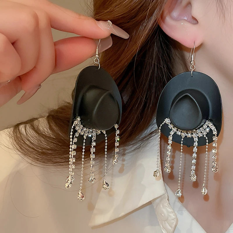 Creative Cowboy Hat Drop Dangle Earrings For Women Girls Shiny Rhinestone Tassel Earrrings Funny Western Cowgirl Ear Jewelry