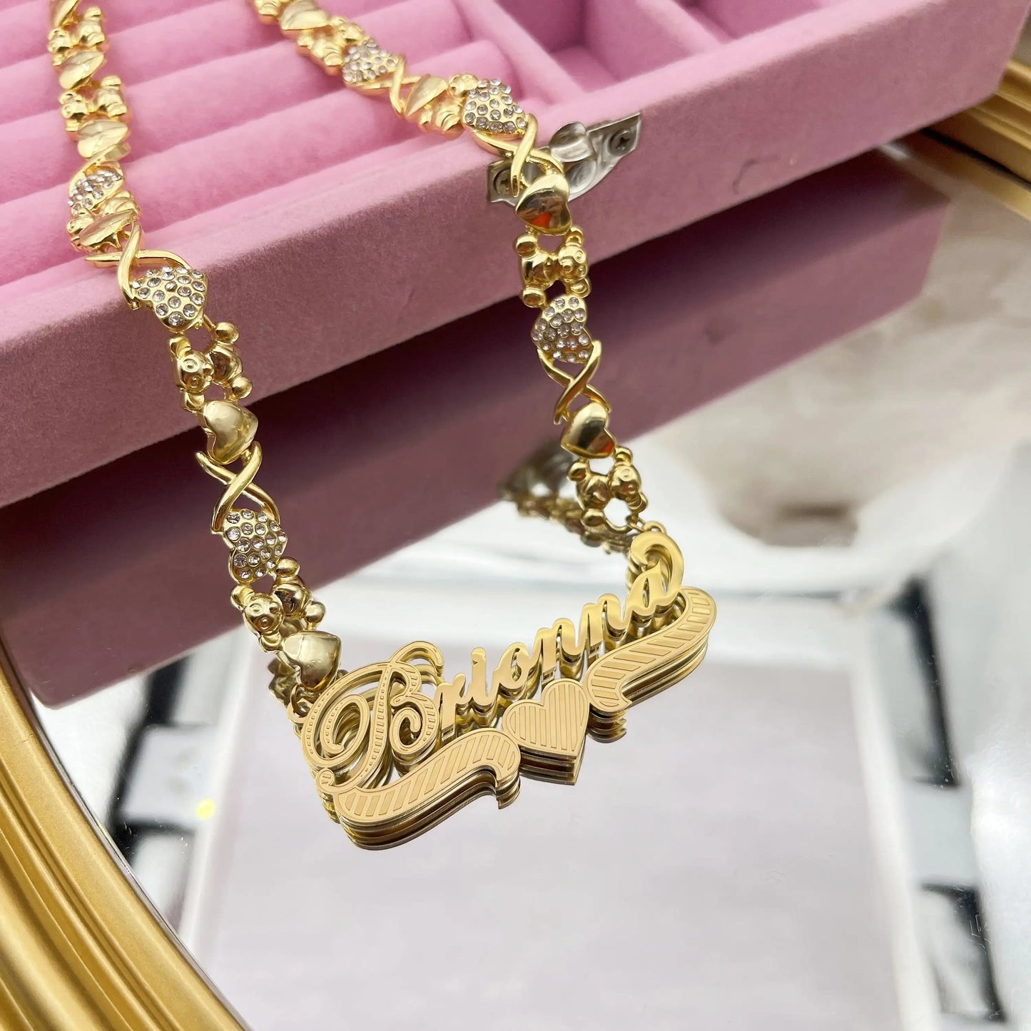 3D Double Plated Name Necklace Custom Name Necklace with Teddy Bear Personalized Nameplate Pendant Chain Gift For Women Kids