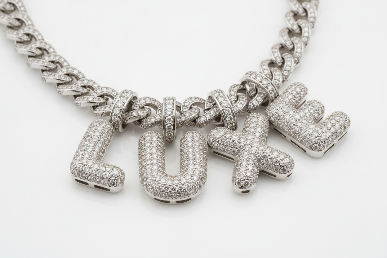 bubble letter diamond necklace