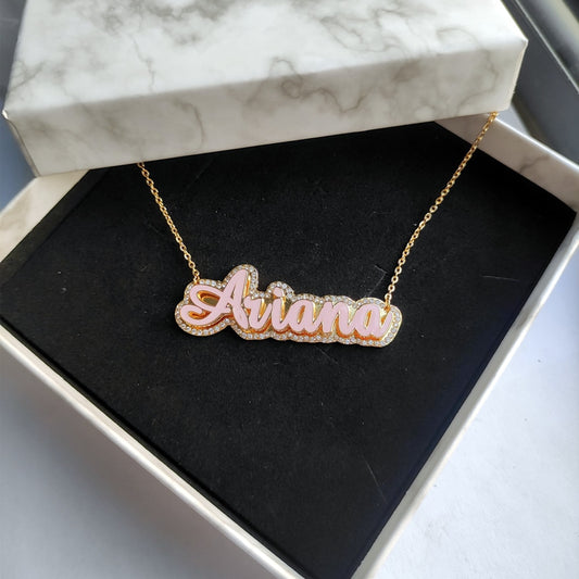 glaceelaine Custom Enamel Name Necklace With Rhinestone Gold Plated Double Pendant Enamel Necklace