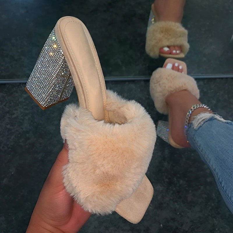 slippers high-heeled rhinestone single layer plush plus size all-match sandals