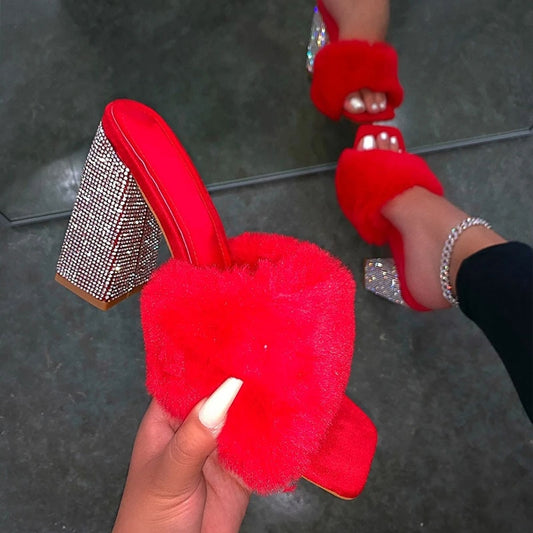 slippers high-heeled rhinestone single layer plush plus size all-match sandals