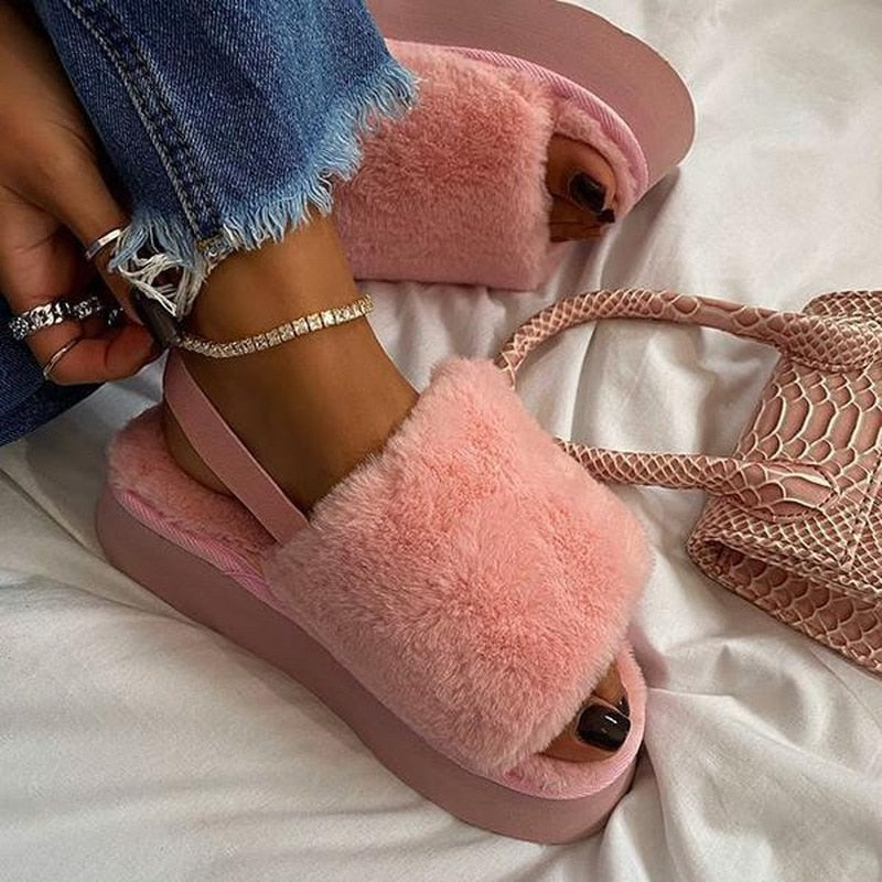 New Thick-soled Mid-heeled Hairy Shoes Large Size Single Layer Wool Home Durable Non-slip Sandals